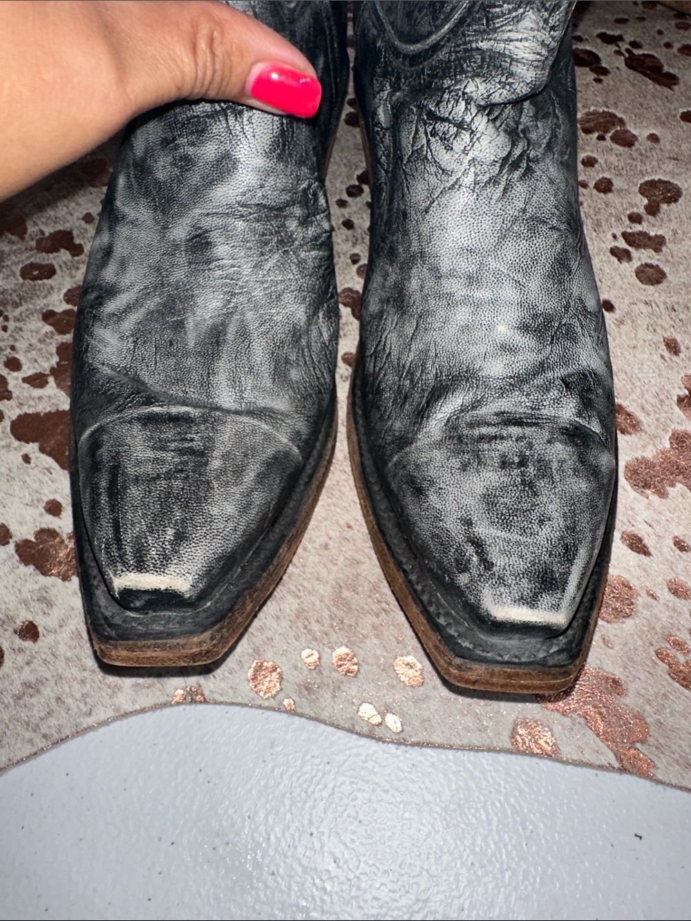 Lucchese Black Distressed Leather Floral Embroidered Ankle Booties - Picture 6 of 11